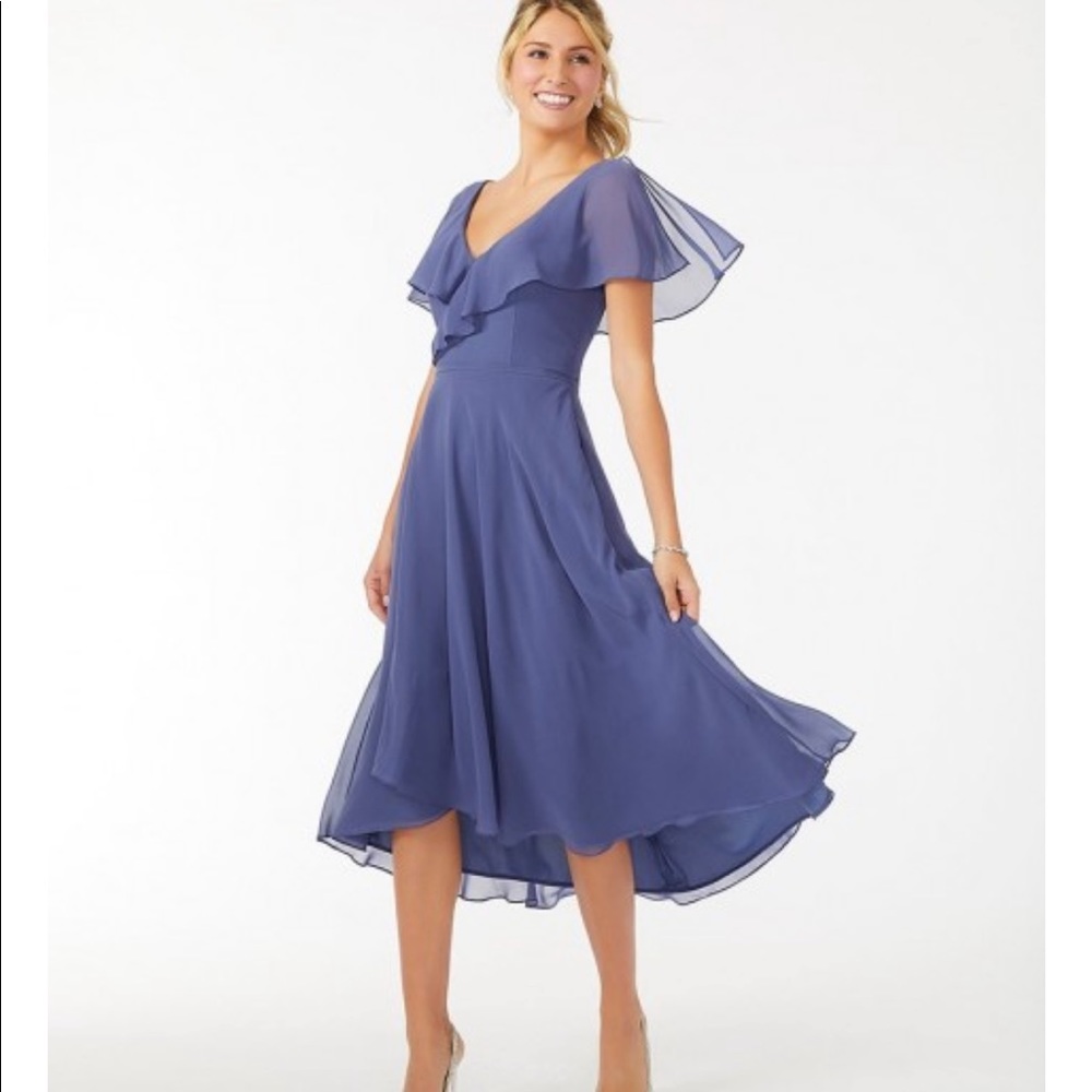 Mori Lee bridesmaid dress. Midi Flutter Sleeve Chiffon Dress - STYLE #21704 - Picture 3 of 16